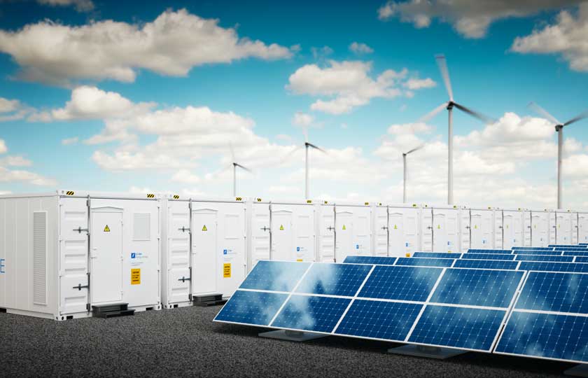 Concept-of-energy-storage-system.-Renewable-energy-power-plants---photovoltaics,-wind-turbine-farm-and--battery-container.-3d-rendering